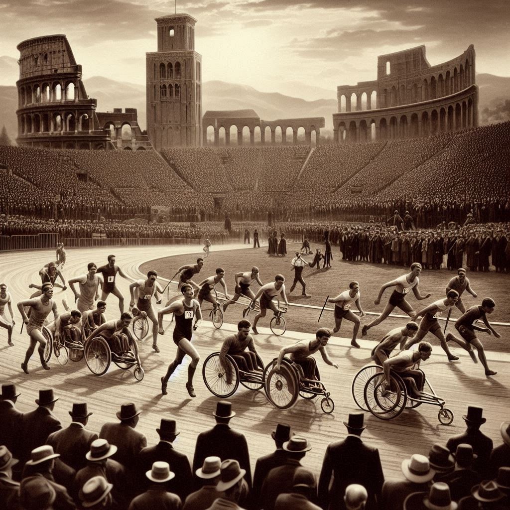 A historical photo of the first Paralympic Games in Rome showing the athletes competing